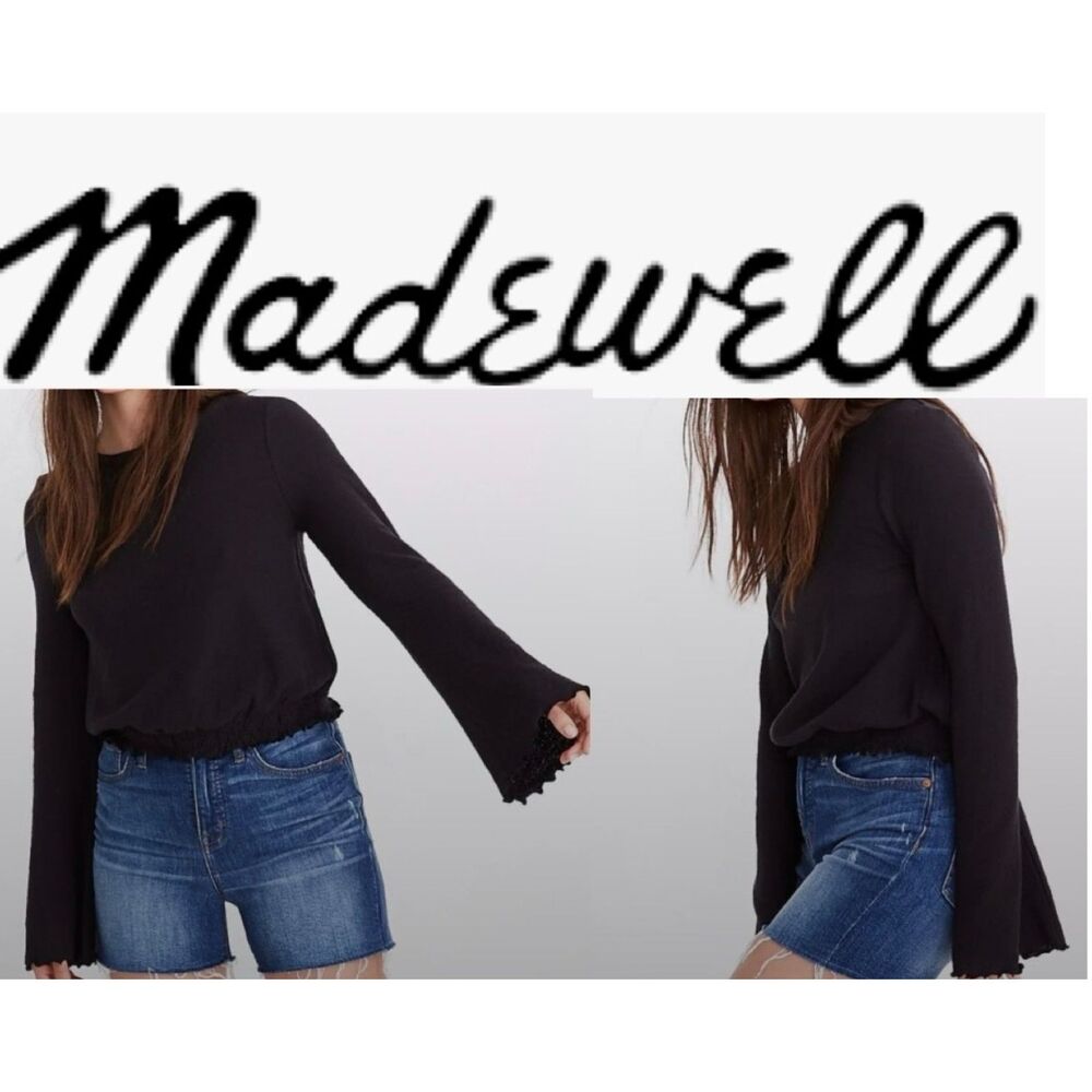 SZ XL MADEWELL Texture & Thread Smocked Waist Blouson Top w Bell Sleeve Black